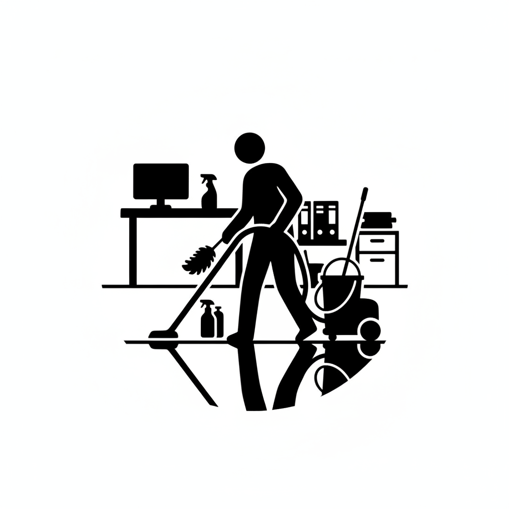 sziluett kép fehér háttérrel ami iroda takarítást szimbolizál